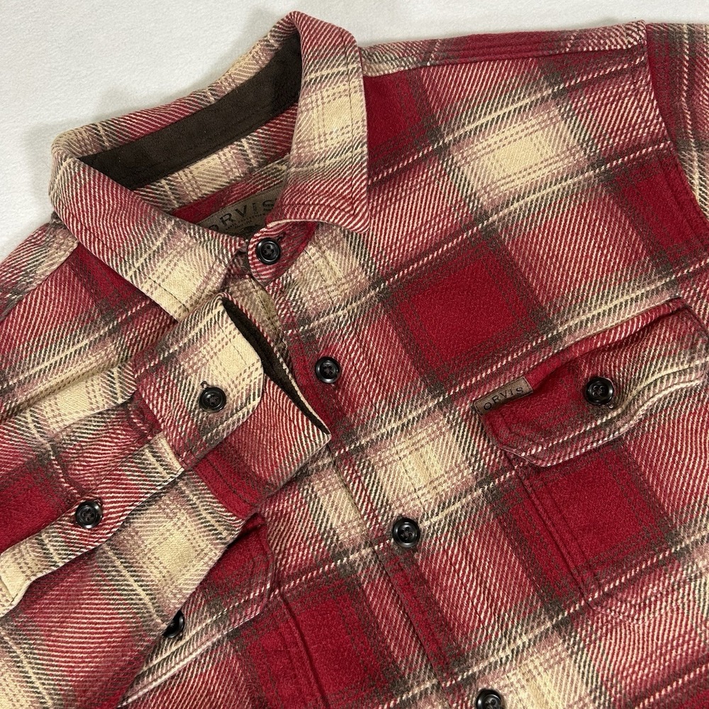 Orvis Bigbear Troutbum Men Large Red Beige Plaid Flannel Button Up Shacket Shirt